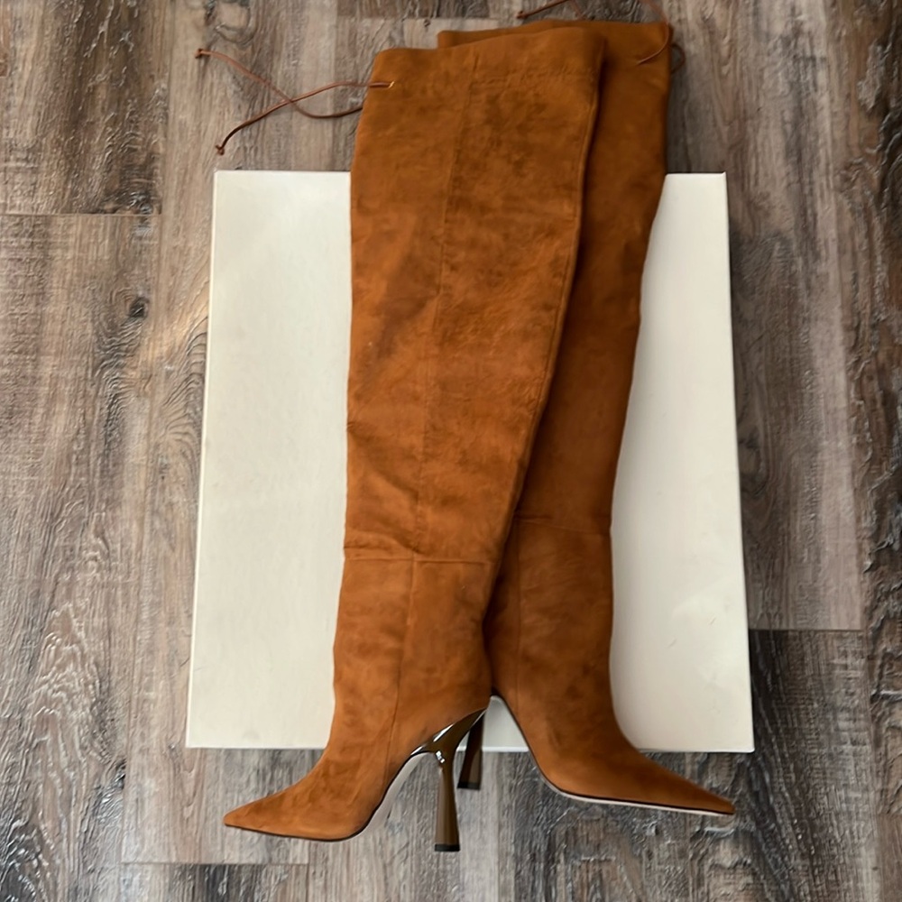Good American Brown Suede Heeled Boots